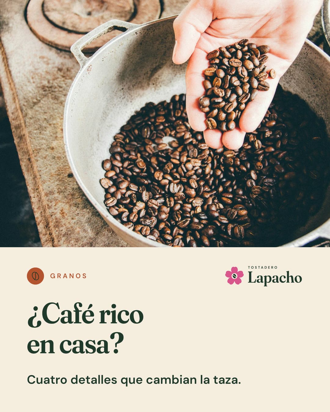 Lámina 1: ¿Café rico en casa? Cuatro detalles que cambian la taza, sobre una foto de granos de café