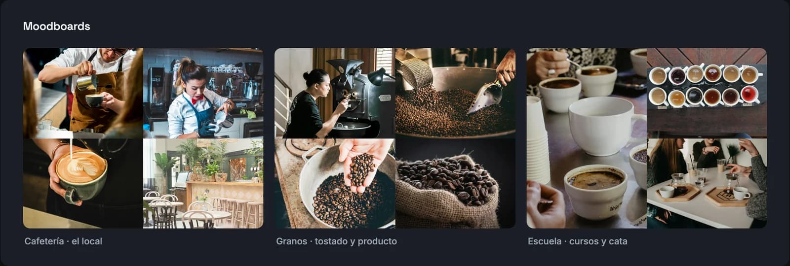 Moodboards de Tostadero Lapacho: cafetería, granos y escuela